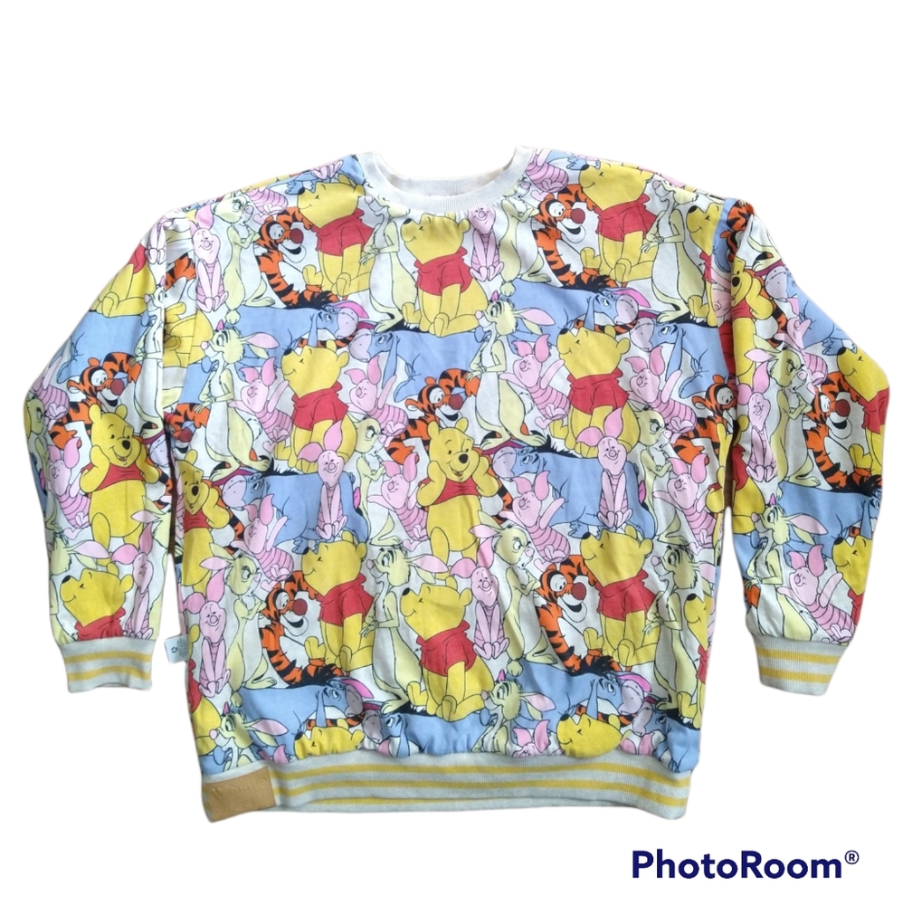 Disney Winnie the Pooh Allover Character Print Sweater in Yellow, Pink, Blue